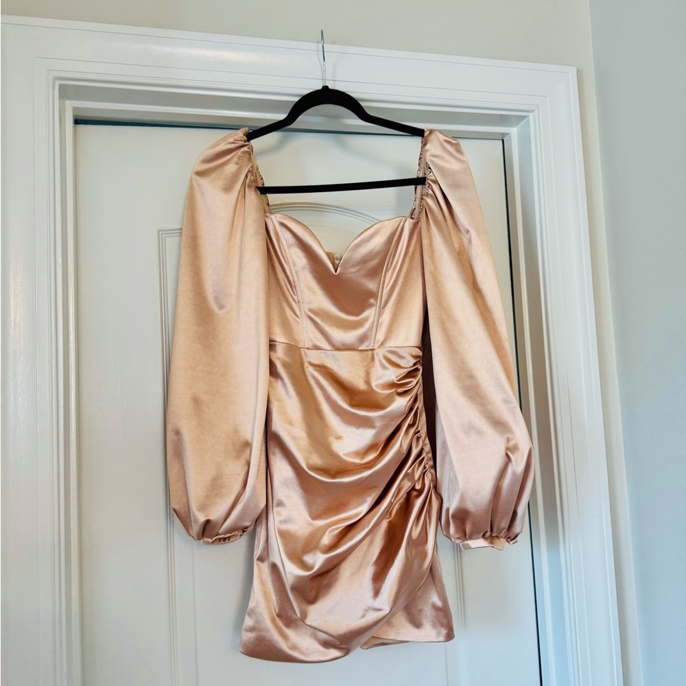 Oh Polly Gold Bodycon Mini Dress Sweetheart Puff Sleeves